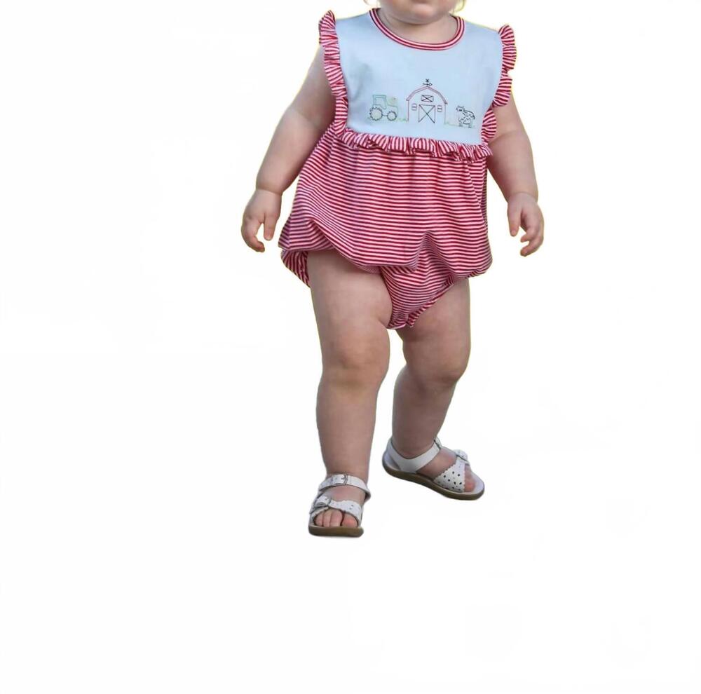 NEW TROTTER STREET KIDS farm embroidery bubble romper in red and white